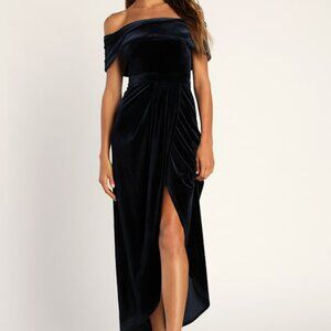 Lulus I'm Enchanted Navy Blue Velvet Off-the-shoulder Maxi Dress - Size S